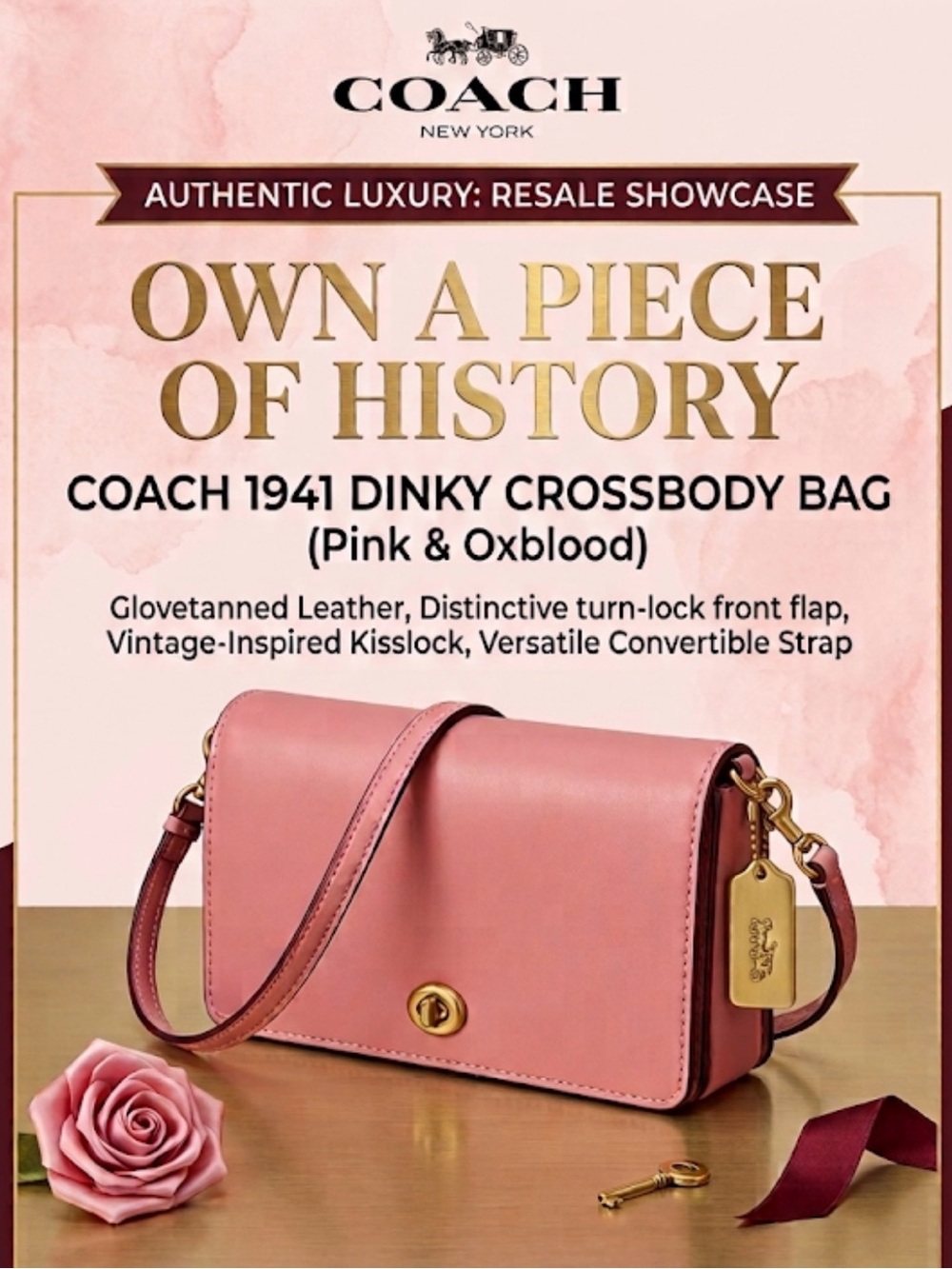 Coach 1941 Dinky Glove tanned Leather Crossbody bag Pink & Oxblood 2018 - 37296 - Picture 2 of 16